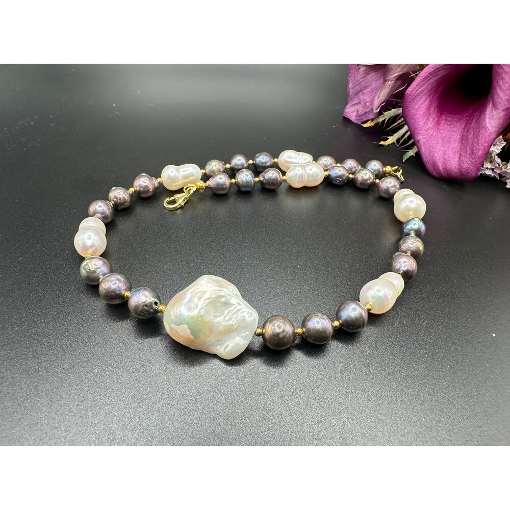 White and black mixed Edison pearl choker, 925 sterling silver gold plated